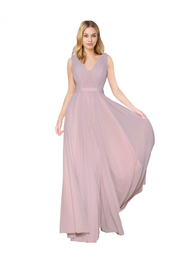 Mejores Primavera línea A Cuello en V Cuello Alto Gasa Largo Formales Vestidos de dama de honor / Vestidos de fiesta