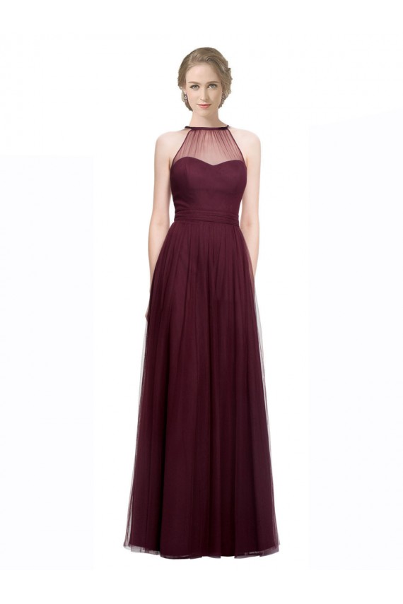 Mejores Rojo 74 línea A Halter Ilusión Tul Largo Vestidos de dama de honor