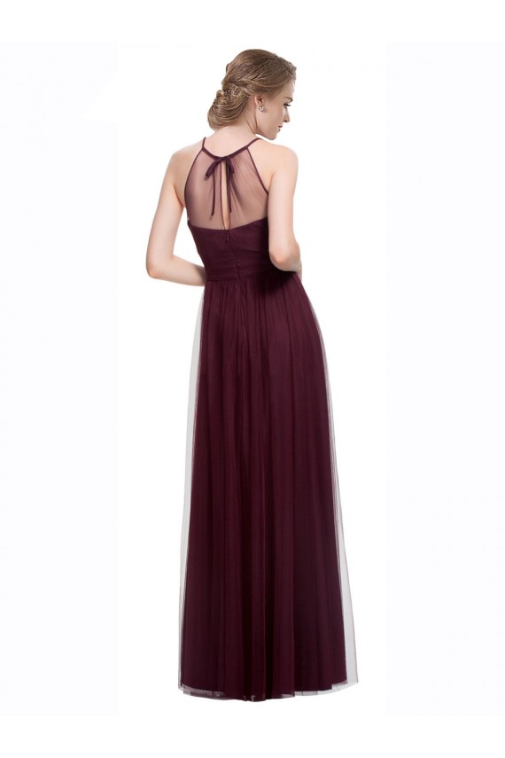 Mejores Rojo 74 línea A Halter Ilusión Tul Largo Vestidos de dama de honor