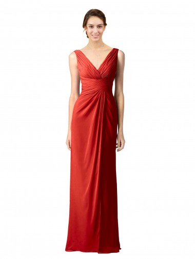 Mejores Rojo Cubierta Cuello en V Gasa Largo Vestidos de dama de honor