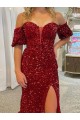 Mejores Rojo Cubierta Hombros Descubiertos Cola corte Lentejuelas Terciopelo Largo Vestidos de fiesta