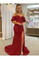 Mejores Rojo Cubierta Hombros Descubiertos Cola corte Lentejuelas Terciopelo Largo Vestidos de fiesta