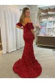 Mejores Rojo Cubierta Hombros Descubiertos Cola corte Lentejuelas Terciopelo Largo Vestidos de fiesta