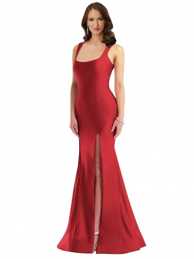 Mejores Rojo Sirena Cuadrado Satén sedoso Largo Formales Vestidos de dama de honor / Vestidos de fiesta
