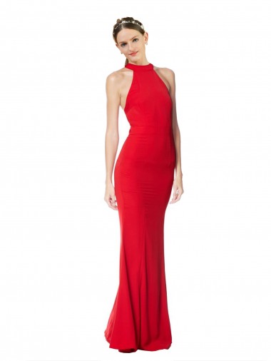 Mejores Rojo Sirena Halter Cuello Alto Crepé Elástico Largo Formales Vestidos de dama de honor / Vestidos de fiesta