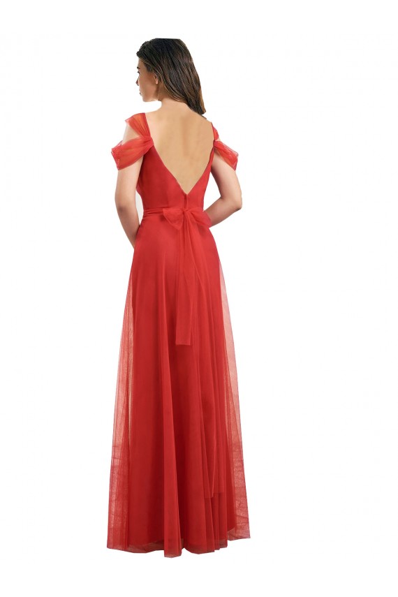 Mejores Rojo línea A Cuello de Corazón Tul Largo Vestidos de dama de honor