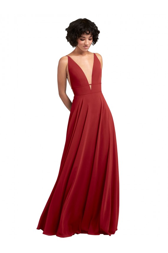 Mejores Rojo línea A Cuello en V Gasa Largo Vestidos de dama de honor