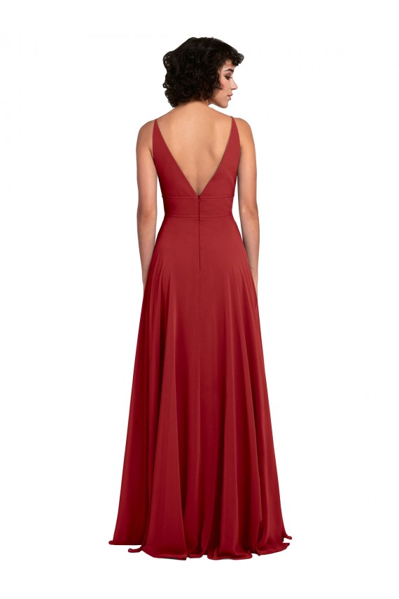 Mejores Rojo línea A Cuello en V Gasa Largo Vestidos de dama de honor