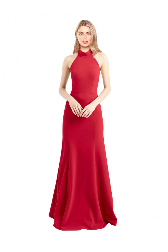 Mejores Rojo línea A Halter Cuello Alto Crepé Elástico Largo Formales Vestidos de dama de honor / Vestidos de fiesta