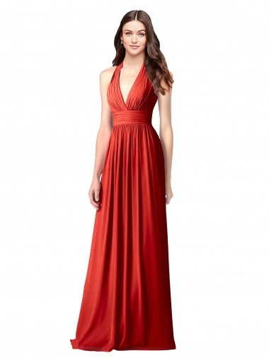 Mejores Rojo línea A Halter Cuello en V Gasa Largo Vestidos de dama de honor