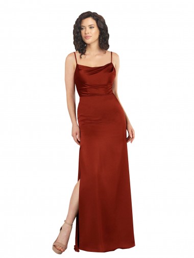 Mejores Rojo línea A Tirantes espagueti Cuadrado Satén sedoso Largo Formales Vestidos de dama de honor / Vestidos de fiesta