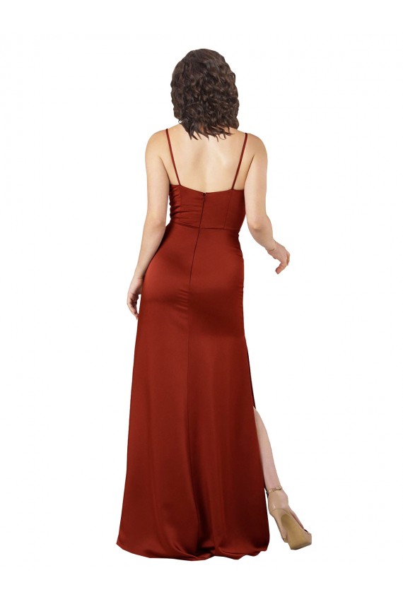 Mejores Rojo línea A Tirantes espagueti Cuadrado Satén sedoso Largo Formales Vestidos de dama de honor / Vestidos de fiesta