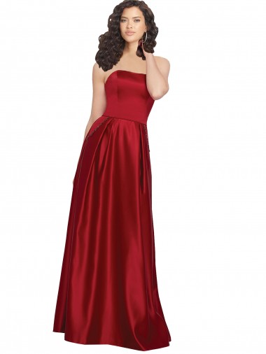 Mejores Rojo oscuro línea A Sin tirantes Satén Largo Vestidos de dama de honor / Vestidos de fiesta