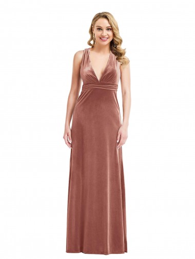 Mejores Rosa Canela línea A Cuello en V Terciopelo Elástico Largo Formales Vestidos de dama de honor / Vestidos de fiesta