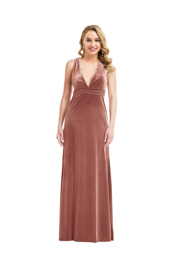 Mejores Rosa Canela línea A Cuello en V Terciopelo Elástico Largo Formales Vestidos de dama de honor / Vestidos de fiesta