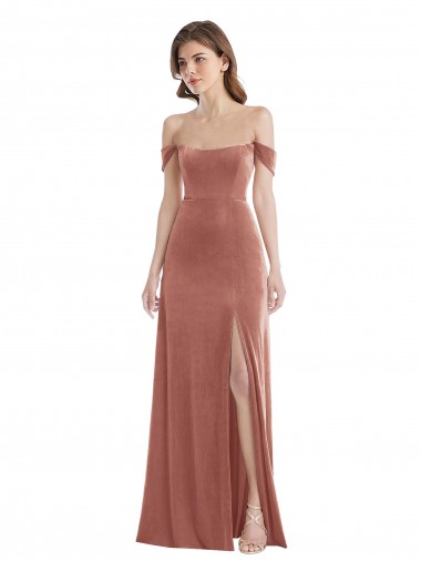 Mejores Rosa Canela línea A Hombros Descubiertos Terciopelo Elástico Largo Vestidos de dama de honor / Vestidos de fiesta