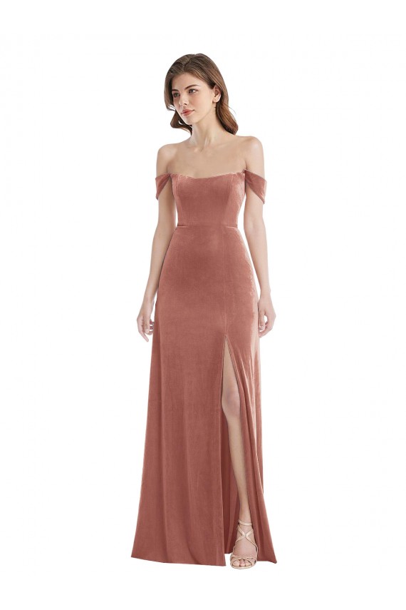 Mejores Rosa Canela línea A Hombros Descubiertos Terciopelo Elástico Largo Vestidos de dama de honor / Vestidos de fiesta