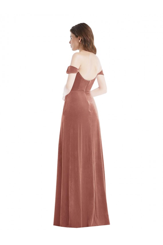 Mejores Rosa Canela línea A Hombros Descubiertos Terciopelo Elástico Largo Vestidos de dama de honor / Vestidos de fiesta