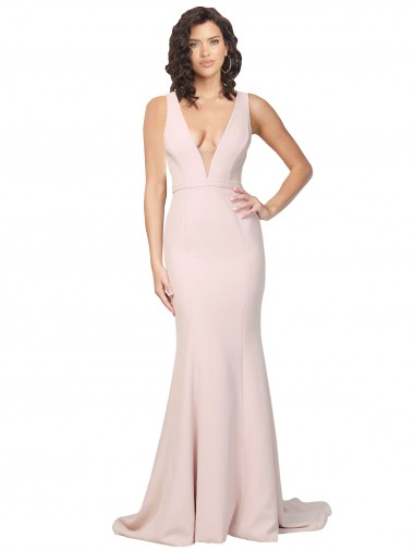 Mejores Rosa Cubierta Cuello en V Barrer tren Crepé Elástico Largo Formales Vestidos de dama de honor / Vestidos de fiesta