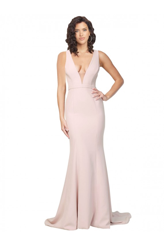Mejores Rosa Cubierta Cuello en V Barrer tren Crepé Elástico Largo Formales Vestidos de dama de honor / Vestidos de fiesta