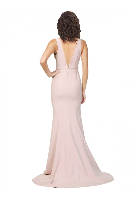 Mejores Rosa Cubierta Cuello en V Barrer tren Crepé Elástico Largo Formales Vestidos de dama de honor / Vestidos de fiesta