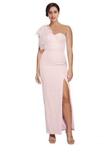 Mejores Rosa Cubierta Un Hombre Cuello de Corazón Crepé Elástico Largo Formales Vestidos de dama de honor / Vestidos de fiesta