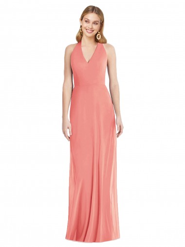 Mejores Rosa Del Desierto Trompeta Halter Cuello en V Gasa Largo Formales Vestidos de dama de honor / Vestidos de noche