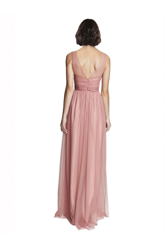 Mejores Rosa Rosa línea A Cuello en V Tul Largo Vestidos de dama de honor
