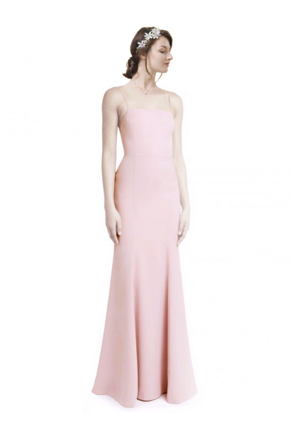 Mejores Rosa Sirena Tirantes espagueti Cuadrado Crepé Elástico Largo Vestidos de dama de honor / Vestidos de fiesta