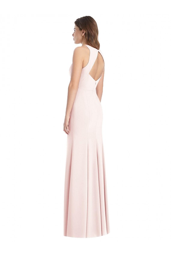 Mejores Rosa Trompeta Barco Crepé Elástico Largo Vestidos de dama de honor / Vestidos de fiesta