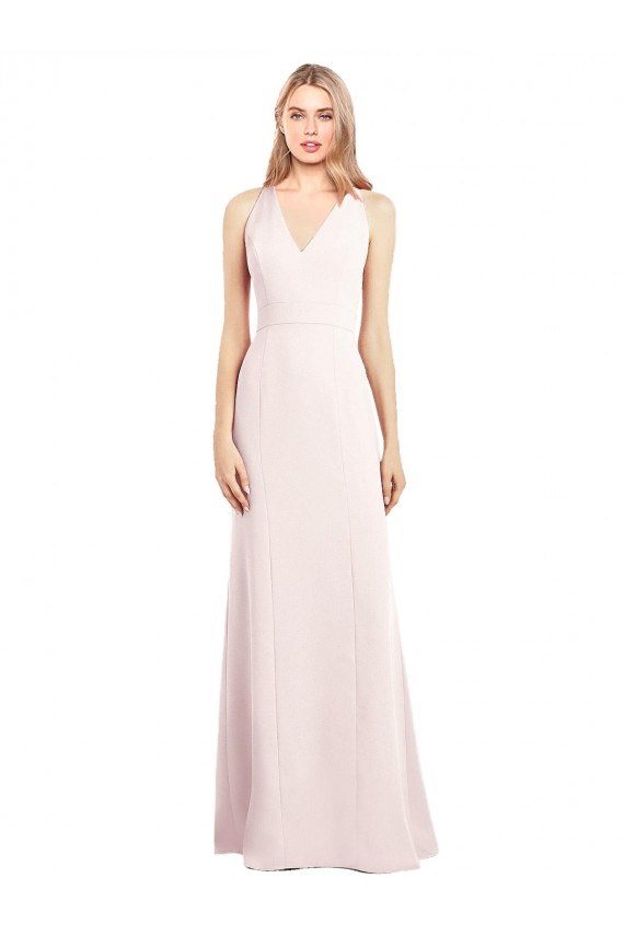 Mejores Rosa Trompeta Cuello en V Crepé Elástico Largo Vestidos de dama de honor / Vestidos de fiesta