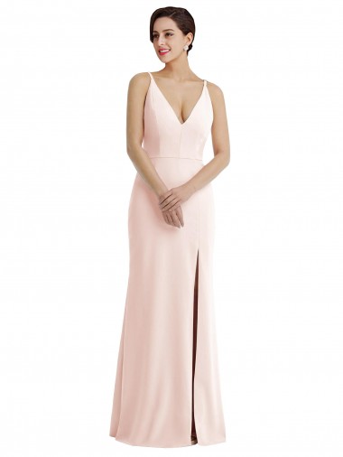 Mejores Rosa Trompeta Cuello en V Crepé Elástico Largo Formales Vestidos de dama de honor / Vestidos de fiesta