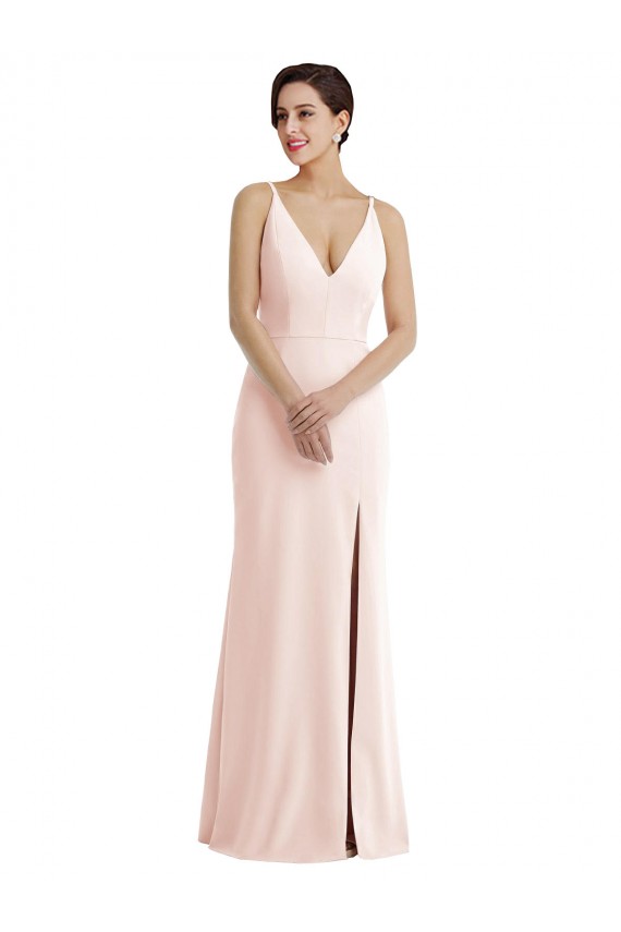 Mejores Rosa Trompeta Cuello en V Crepé Elástico Largo Formales Vestidos de dama de honor / Vestidos de fiesta