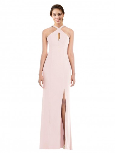 Mejores Rosa Trompeta Halter Crepé Elástico Largo Formales Vestidos de dama de honor / Vestidos de fiesta
