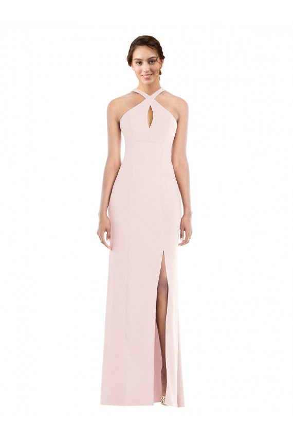 Mejores Rosa Trompeta Halter Crepé Elástico Largo Formales Vestidos de dama de honor / Vestidos de fiesta