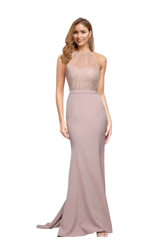 Mejores Rosa empolvado Cubierta Cuello Alto Barrer tren Crepé Elástico Largo Formales Vestidos de dama de honor / Vestidos de fiesta