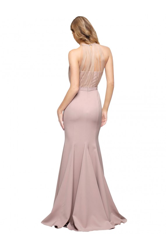 Mejores Rosa empolvado Cubierta Cuello Alto Barrer tren Crepé Elástico Largo Formales Vestidos de dama de honor / Vestidos de fiesta