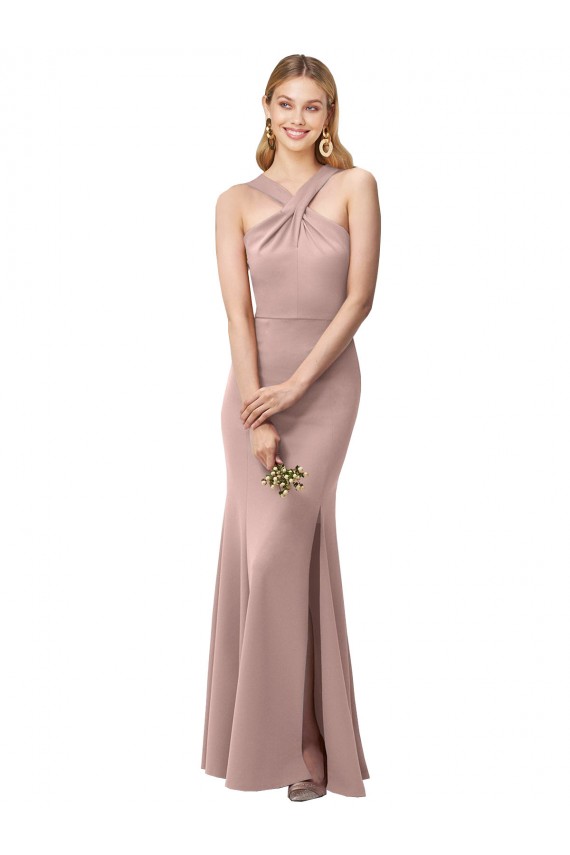 Mejores Rosa empolvado Cubierta Halter Cuello Alto Crepé Elástico Largo Vestidos de dama de honor / Vestidos de fiesta