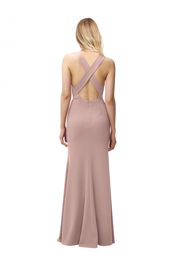 Mejores Rosa empolvado Cubierta Halter Cuello Alto Crepé Elástico Largo Vestidos de dama de honor / Vestidos de fiesta