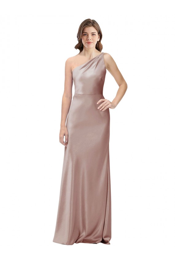 Mejores Rosa empolvado Cubierta Un Hombre Satén elástico Largo Formales Vestidos de dama de honor / Vestidos de fiesta