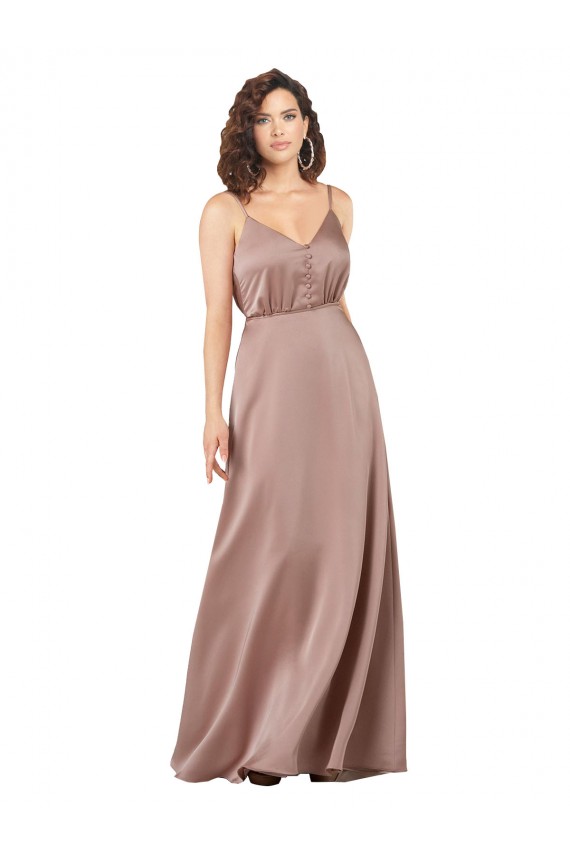 Mejores Rosa empolvado línea A Cuello en V Cuello de Corazón Satén sedoso Largo Formales Vestidos de dama de honor / Vestidos de noche