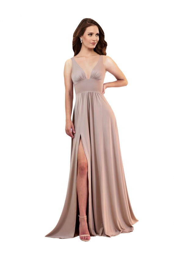 Mejores Rosa empolvado línea A Cuello en V Spandex Largo Formales Vestidos de dama de honor / Vestidos de fiesta