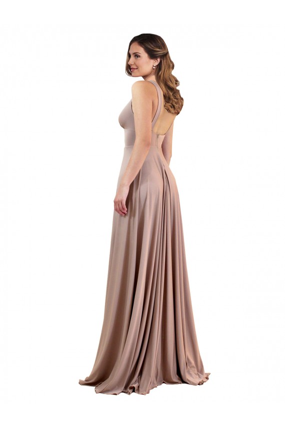 Mejores Rosa empolvado línea A Cuello en V Spandex Largo Formales Vestidos de dama de honor / Vestidos de fiesta