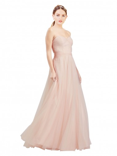 Mejores Rosa línea A Cuello de Corazón Sin tirantes Tul Largo Vestidos de dama de honor