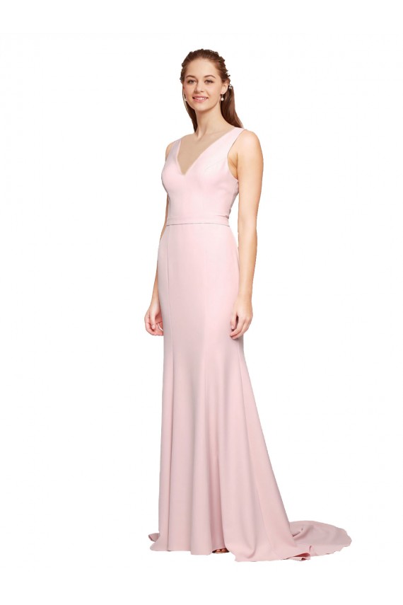 Mejores Rosa línea A Cuello en V Barrer tren Crepé Elástico Largo Vestidos de dama de honor / Vestidos de fiesta