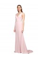 Mejores Rosa línea A Cuello en V Barrer tren Crepé Elástico Largo Vestidos de dama de honor / Vestidos de fiesta