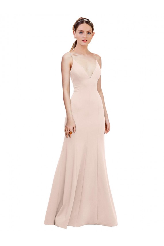 Mejores Rosa línea A Cuello en V Crepé Elástico Largo Formales Vestidos de dama de honor / Vestidos de fiesta