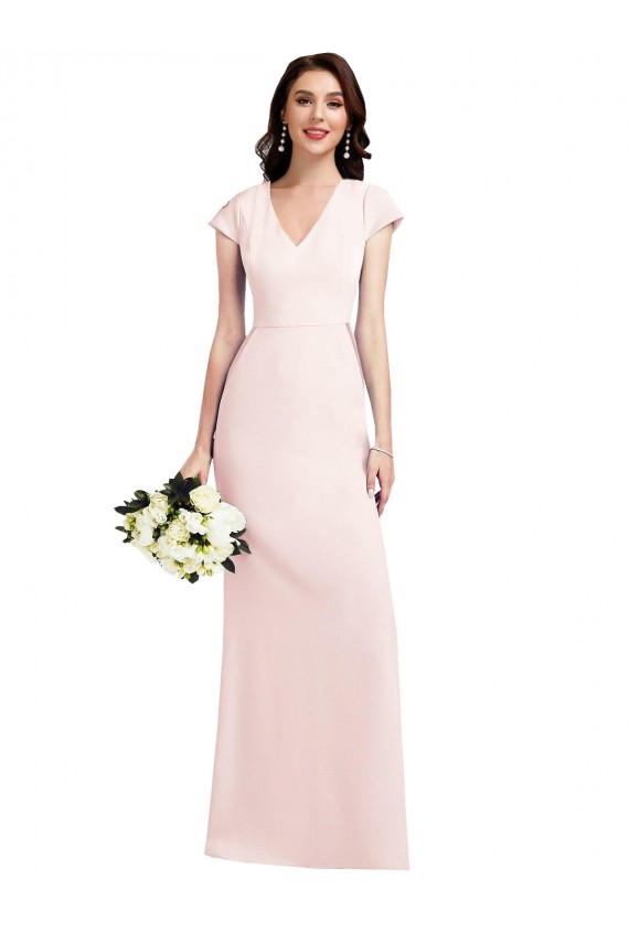 Mejores Rosa línea A Cuello en V Crepé Elástico Largo Formales Vestidos de dama de honor / Vestidos de fiesta