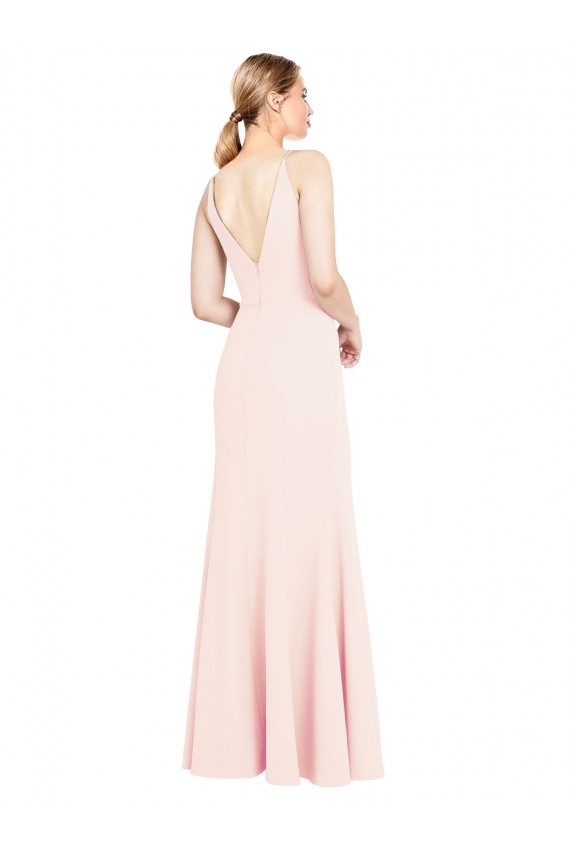 Mejores Rosa línea A Cuello en V Cuello Alto Crepé Elástico Largo Formales Vestidos de dama de honor / Vestidos de fiesta