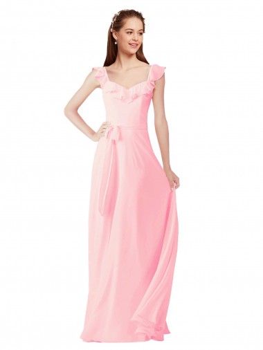 Mejores Rosa línea A Cuello en V Gasa Largo Vestidos de dama de honor